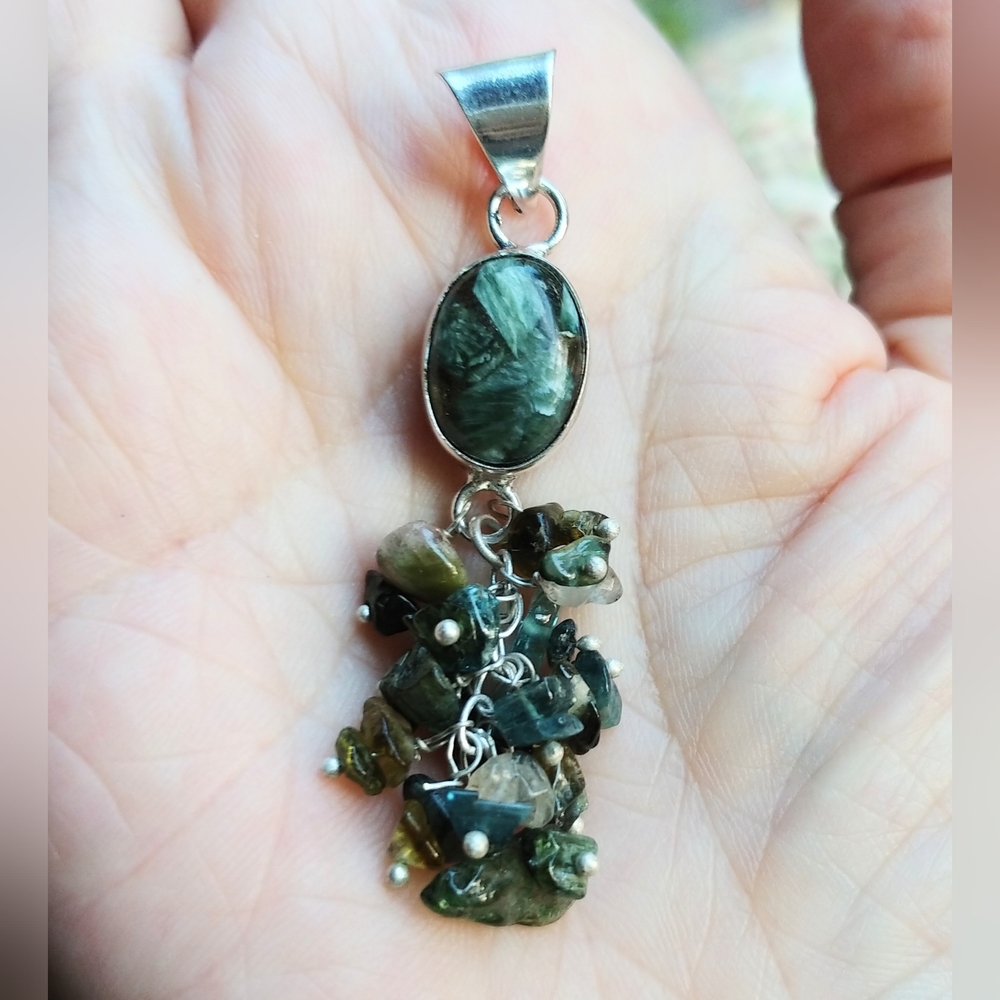 NWOT Copper Seraphinite with Watermelon Tourmaline Dangling .925 Pendant